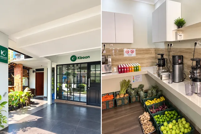 Dapur Bekasi: bagian depan dengan logo Kboon dan dapur bersih berisi sayur dan buah segar