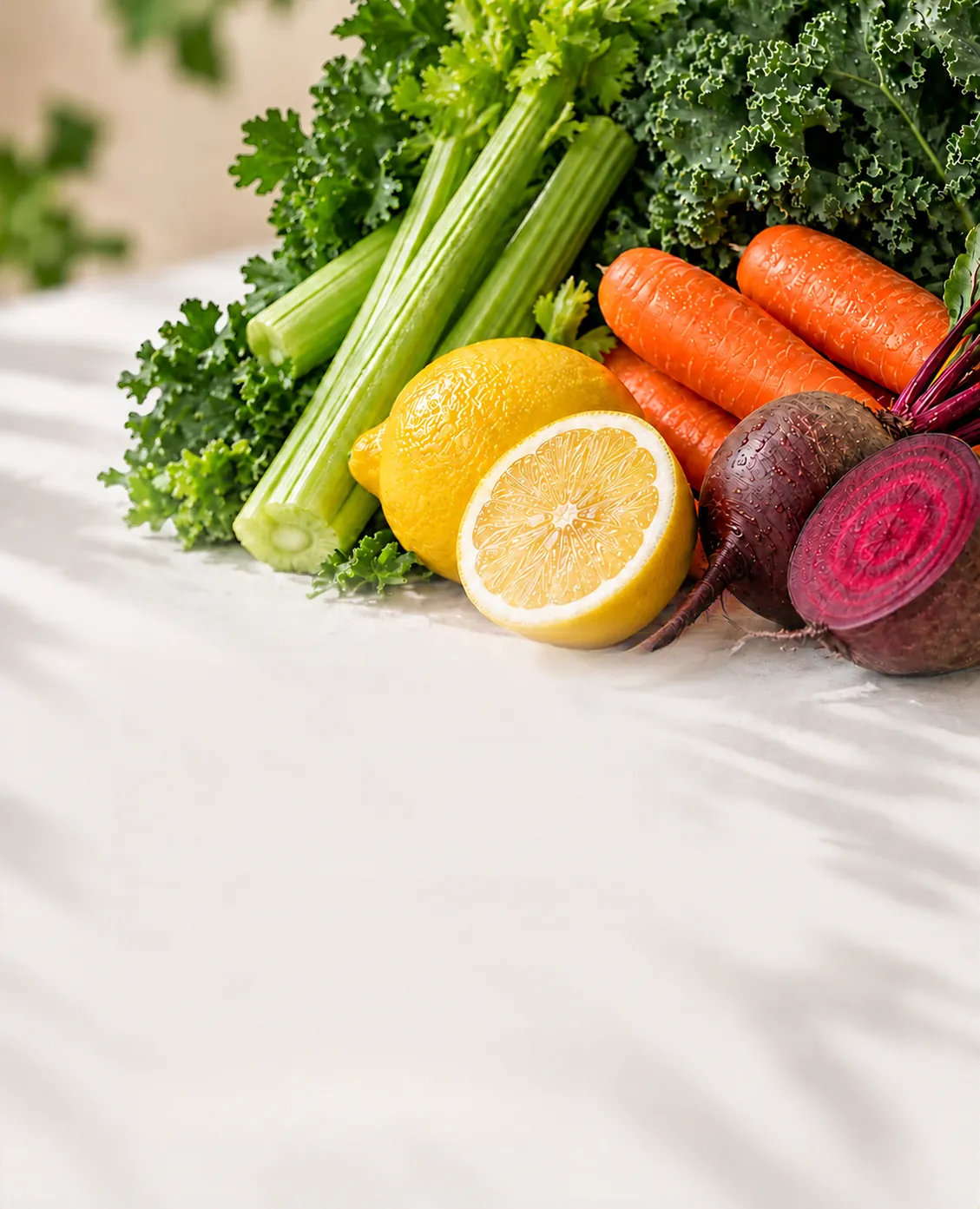 Kale, seledri, lemon, wortel, dan bit segar di atas meja marmer
