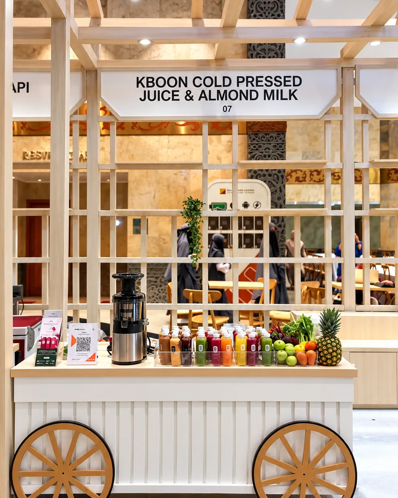 Gerobak booth Kboon Cold Pressed Juice dan Almond Milk di sebuah acara