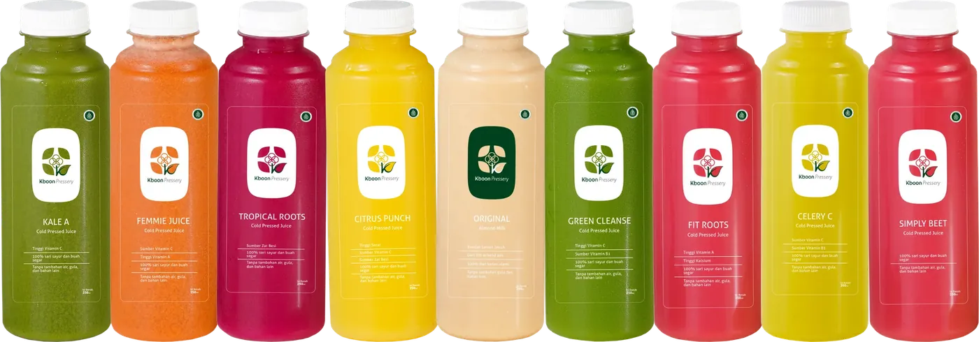 Sembilan botol Kboon berjajar: Kale A, Femmie Juice, Tropical Roots, Citrus Punch, Almond Milk Original, Green Cleanse, Fit Roots, Celery C, dan Simply Beet
