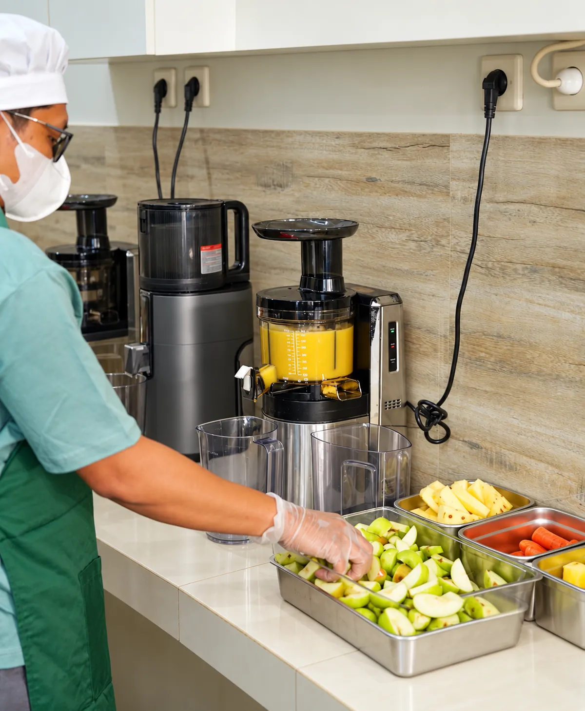 Tim dapur KboonPressery menyiapkan potongan buah di samping mesin cold press