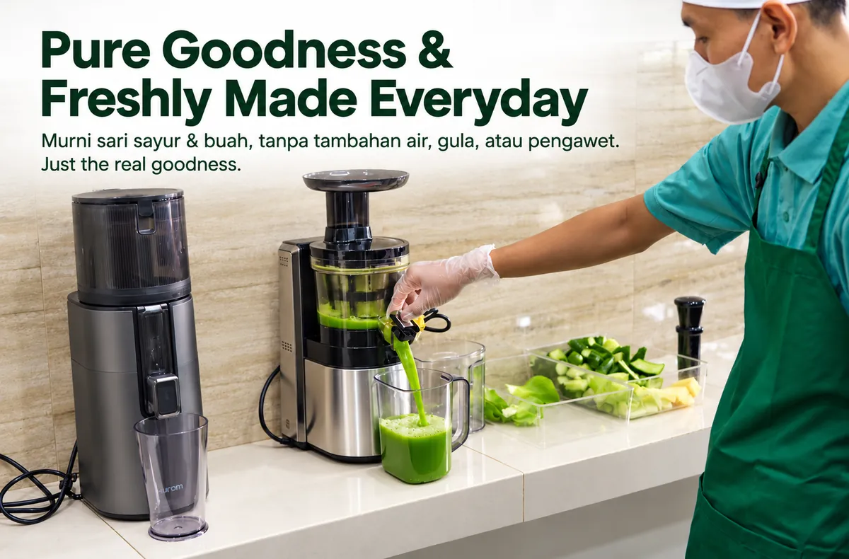 Pure goodness, freshly made everyday: sari sayur dan buah murni, tanpa tambahan air, gula, atau pengawet, di-press tiap pagi.